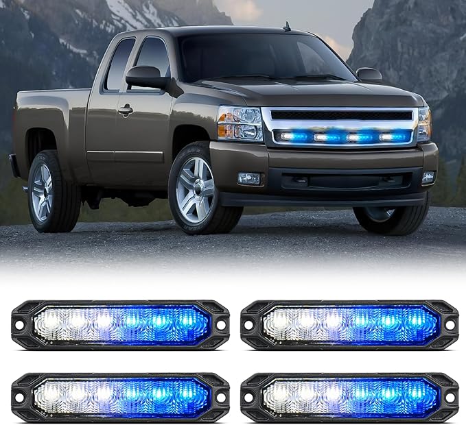 Nilight 4PCS 6LED Blue White Emergency Strobe lights 12V 24V Surface Mount Flashing Warning Hazard Light Ultra Slim Sync Feature Grille for Cars Trucks Van Off Road Vehicles SUV