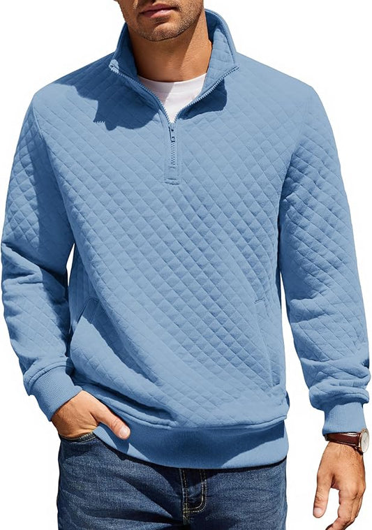 COOFANDY Mens Quarter Zip Pullover Quilted Sweatshirt Knit Long Sleeve Mock Neck Sweater Polo with Pocket