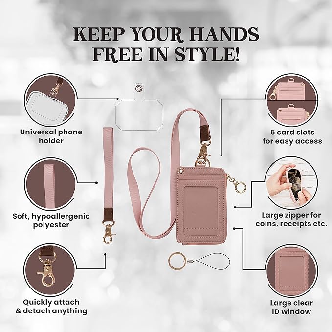 2-in-1 ID Badge Holder & Lanyard Wallet - Multi-Use Womens Small Wallet with Removable Wristlet & Neck Lanyard, Clear Window, 5 Card Slots, Phone Holder, Ring Keychain - Nude Pink