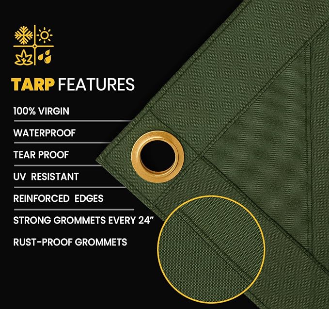 PROTARP Heavy Duty 14 OZ Water Resistant Canvas Tarp, UV Resistant Tarpaulin Cover with Rustproof Brass Grommets, Multipurpose for Canopy, Roof, Camping, Woodpile (Olive 12'X20')