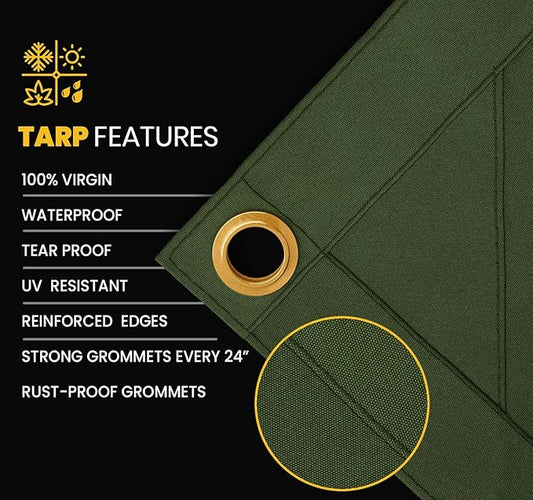 PROTARP Heavy Duty 14 OZ Water Resistant Canvas Tarp, UV Resistant Tarpaulin Cover with Rustproof Brass Grommets, Multipurpose for Canopy, Roof, Camping, Woodpile (Olive 6'X8')