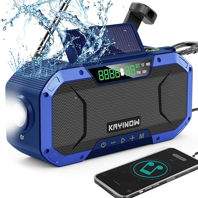 KAYINOW Emergency NOAA Weather Radio, Solar Hand Crank FM AM Radio with Bluetooth Speaker, 5000mAh Battery Powered Phone Charger, Flashlight, IPX5 Waterproof, SOS Alarm for Survival Hurricane Camping