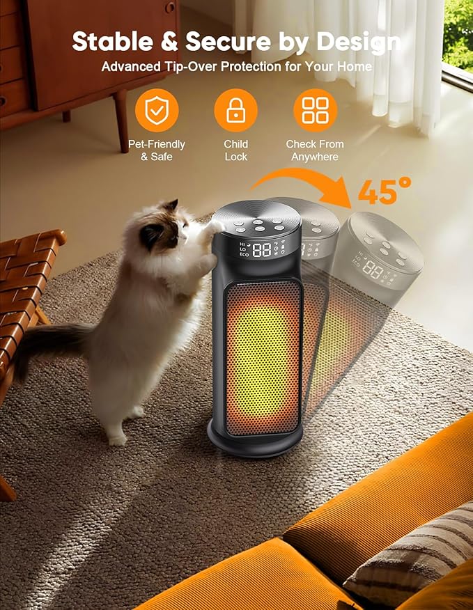 Smart Space Heater, 1500W PTC Heater with Wifi/App/Alexa/Google Voice Control for Indoor Use, Heats & Cools 2 in 1 Eco Heater for Home Office Bedroom Living Room Bathroom Nursery Apartment
