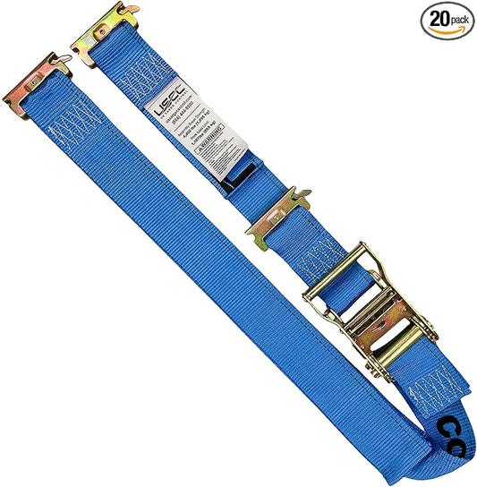 US Cargo Control Double-Fitted E-Track Ratchet Straps (20 Pack), 4,400 LBS Break Strength, 2 Inch x 20 Foot Heavy Duty E Track Straps with 3 Spring E-Fittings, Versatile 2-in-1 Logistic Tiedowns