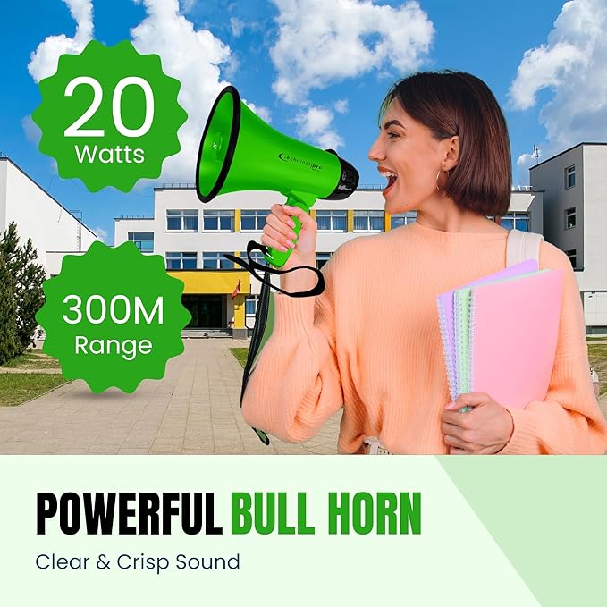 Technical Pro 20 Watts Lightweight Portable 300M Range Megaphone Bullhorn with Strap, Siren, and Volume Control, Good for Trainers, Soccer, Football, Baseball, Coaches