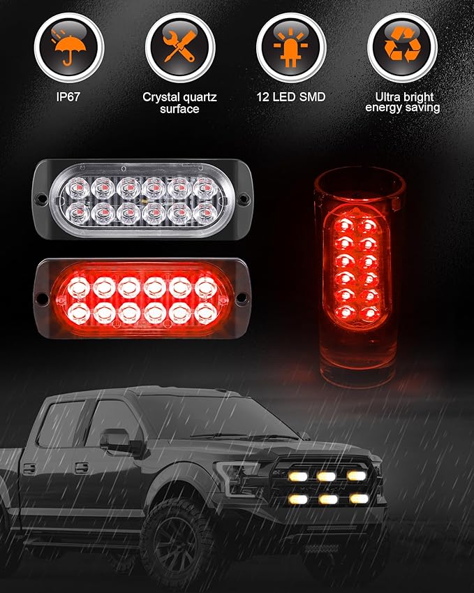Leelosp 14 Pcs 12 LED Strobe Lights for Tow Trucks Construction Vehicles Surface Mount Emergency Hazard Beacon Safety Warning Lamps Flashing 12-24V Grille Head for Car Accessories (Red)