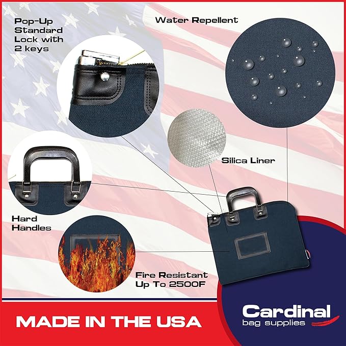Fire Resistant Security Money Bag with Lock, Water Repellent, Safe Storage, Protects Important Valuables, 15 x 11 Inch (Navy Blue)