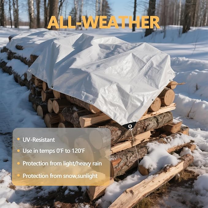 16 Mil Ultra Thick 8x10 Ft Small Tarps Heavy Duty Waterproof, High Durability Multipurpose Cover with Metal Grommets and Reinforced Edges, Uv Resistant White Tarp for Firewood, Bicycles Etc.