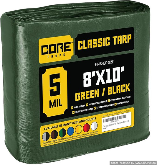 Core Tarps Classic 5 Mil Tarp Cover, Waterproof, UV Resistant, Rip and Tear Proof, Poly Tarpaulin with Reinforced Edges for Roof, Camping, Patio, Pool Cover, Boat (Green/Black 8′ X 10′)