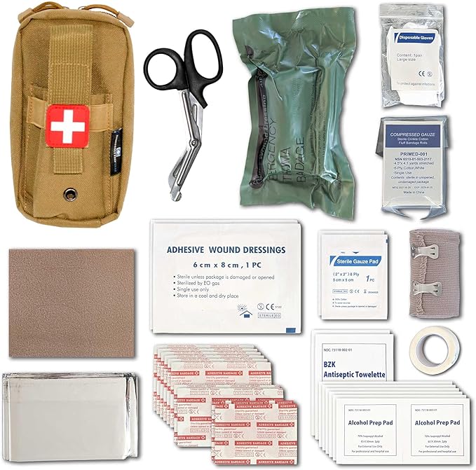 EPG Field First Aid Kit (IFAK) | 44 Piece | Compact Personal First Aid Kit | Backpacking, Camping, Emergency, Travel, Tactical, Go Bag, Bug Out Bag, 72 Hour Kit, Essentials, EDC, Survival IFAK (Tan)