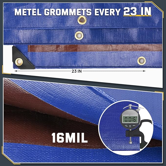 Kesfitt Tarp Heavy Duty Waterproof 10x10FT,16 Mil Thick Tarps Tear&Fade Resistant,UV Resistant,Poly Tarp Cover with Grommets and Reinforced Edges for Outdoor Camping Pools Boat Car(Blue/Brown)