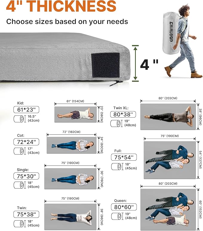 4 INCH Extra Thick Memory Foam Camping Mattress, 30D Foam Camp Pad for Car Tent Cot, Roll Up Mattress for Guests Sleepovers RV Truck Camper