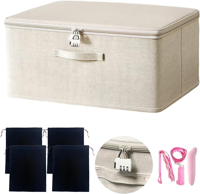 Locking Adult Game Toy Storage Organizer Lock Box Toy Storage Bins Women and Men Game Toys Storage Bags with 4 Drawstring Bags, Large capacity 16 x 11.8 x 8.2 Inches (Off White)
