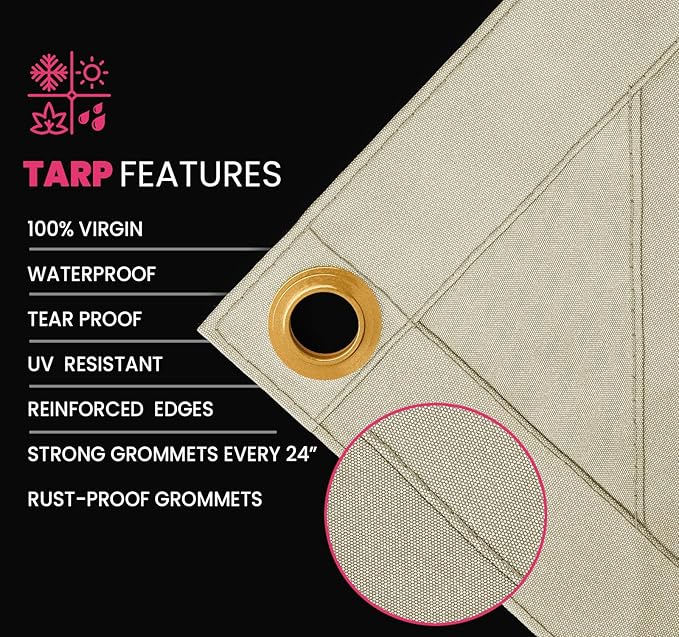 PROTARP Extreme Heavy Duty 20 OZ Water Resistant Canvas Tarp, UV Resistant Tarpaulin Cover with Rustproof Brass Grommets, Multipurpose for Canopy, Roof, Camping, Woodpile (Off White 30'X30')