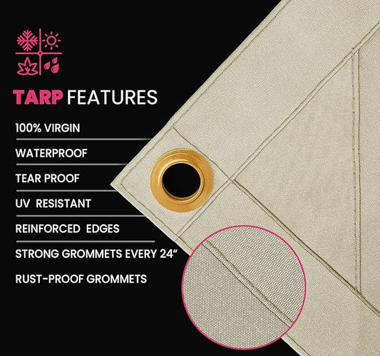 PROTARP Extreme Heavy Duty 20 OZ Water Resistant Canvas Tarp, UV Resistant Tarpaulin Cover with Rustproof Brass Grommets, Multipurpose for Canopy, Roof, Camping, Woodpile (Off White 30'X30')