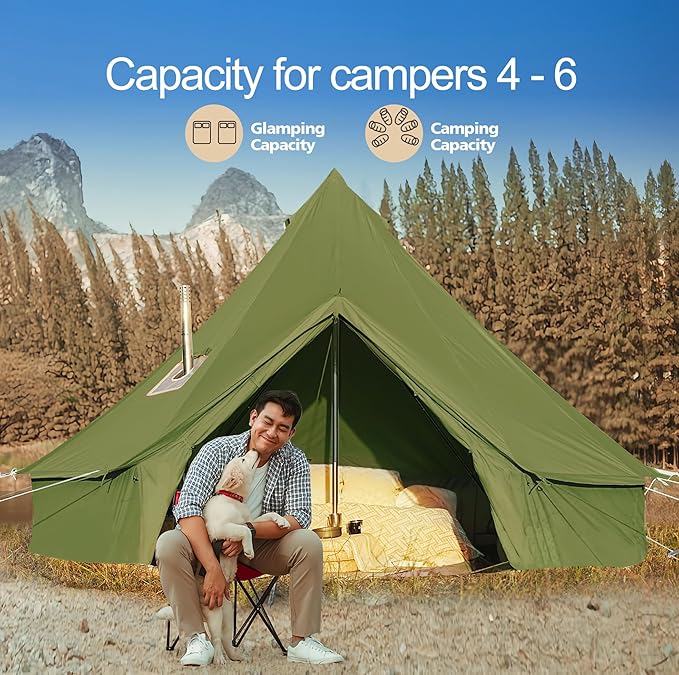 Cotton Canvas Bell Tent, Waterproof Large Tents with Sturdy Center & Door Pole and Space for 4/6/8 Person All 4 Season Camping Yurt Tent