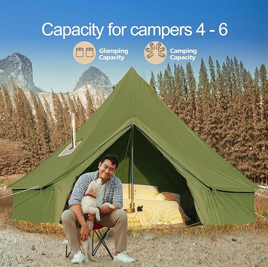 Cotton Canvas Bell Tent, Waterproof Large Tents with Sturdy Center & Door Pole and Space for 4/6/8 Person All 4 Season Camping Yurt Tent