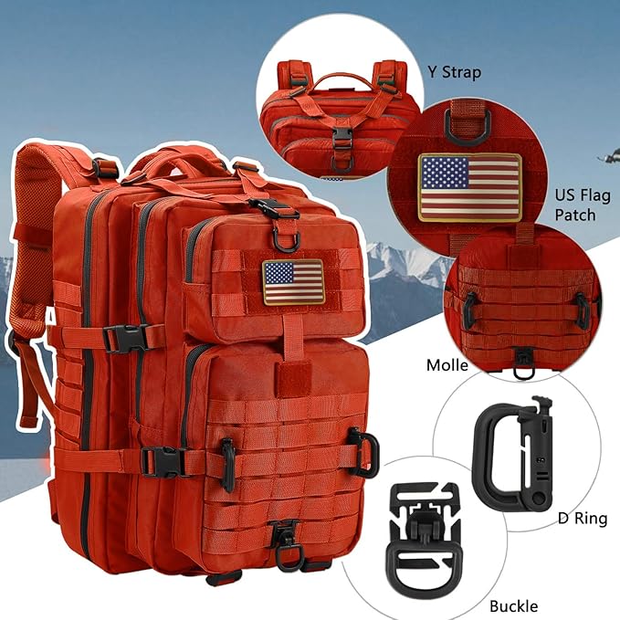 MOLLE Assault Backpack, Tactical Backpack Military Army Camping Rucksack, 3-Day Pack Trip w/USA Flag Patch, D-Rings, Orange