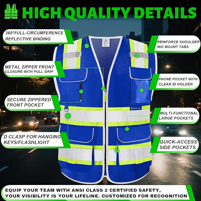 BeautyWill 10 Pack Custom Logo Safety Vest ANSI Class 2 High Visibility Reflective Vest Personalized Construction Vest Bulk