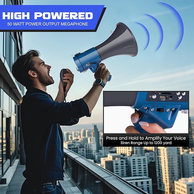 MyMealivos 50W Bluetooth Megaphone with Rechargeable Battery-Professional Bullhorn with Siren&240s Recording Supports USB/SD/3.5mm Aux-1600ft Range for Sports Police Emergency Outdoor Activities