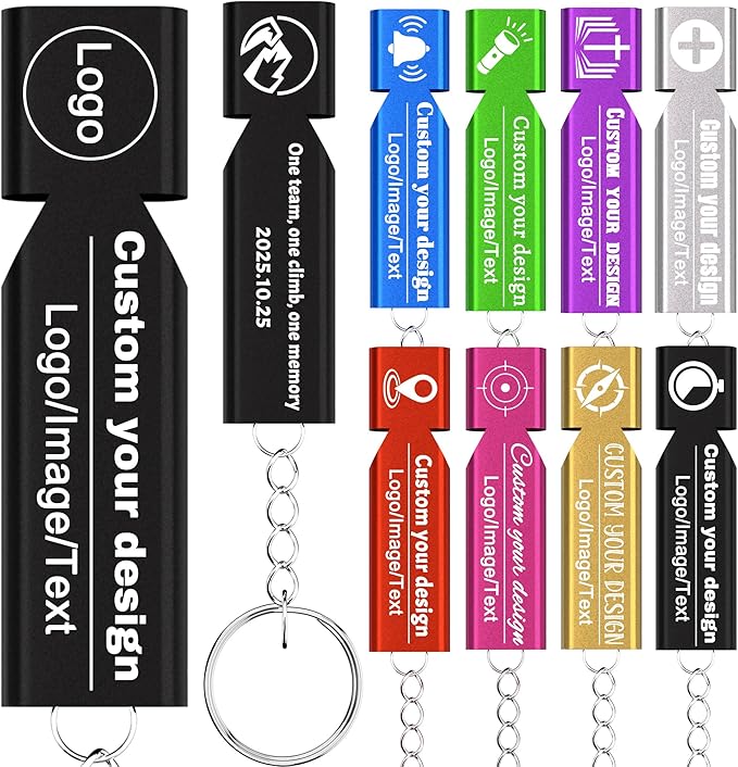 10Pcs Custom Emergency Whistles, Personalized Aluminum Safety Survival Whistle with Keychain, Engraved Name or Logo, Double Tube High Pitch for Outdoor Camping, Hiking, Boating, Fishing