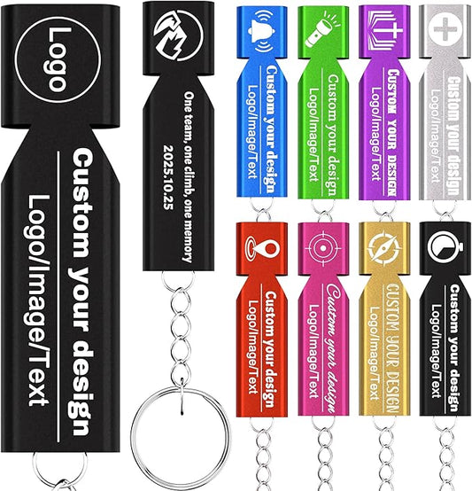 10Pcs Custom Emergency Whistles, Personalized Aluminum Safety Survival Whistle with Keychain, Engraved Name or Logo, Double Tube High Pitch for Outdoor Camping, Hiking, Boating, Fishing