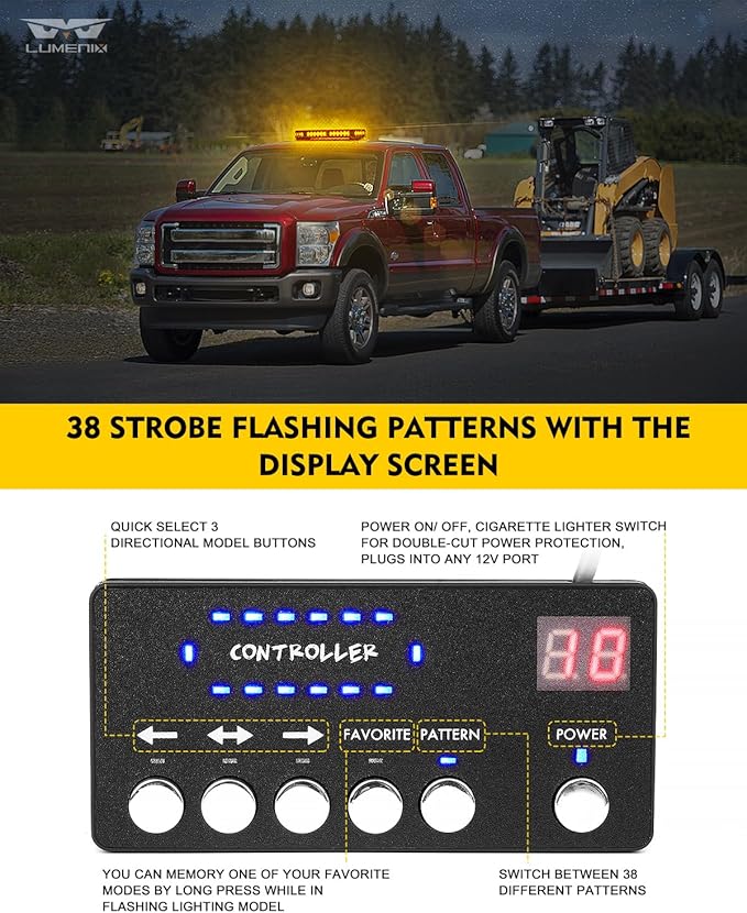 LUMENIX Amber 42 LED Rooftop Strobe Beacon Lights Magnetic Emergency Warning Traffic Flashing Light Bar for Construction Vehicles Snowplow Trucks Mail Postal (American Flag Pattern | Patented Design)