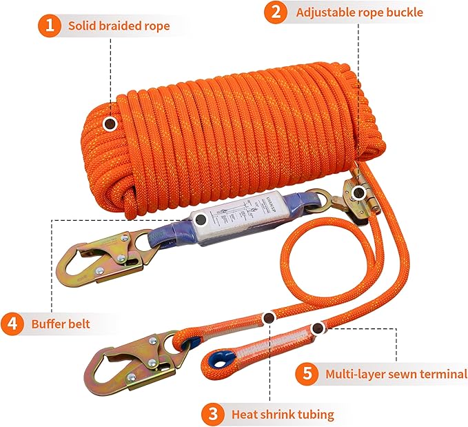 Fall Protection Safety Rope 150ft Heavy Duty Vertical Roofing Grab Snap Hook Shock Absorber Fall Protection Line Kit Restraint System Roofing Safety Equipment（150ft）
