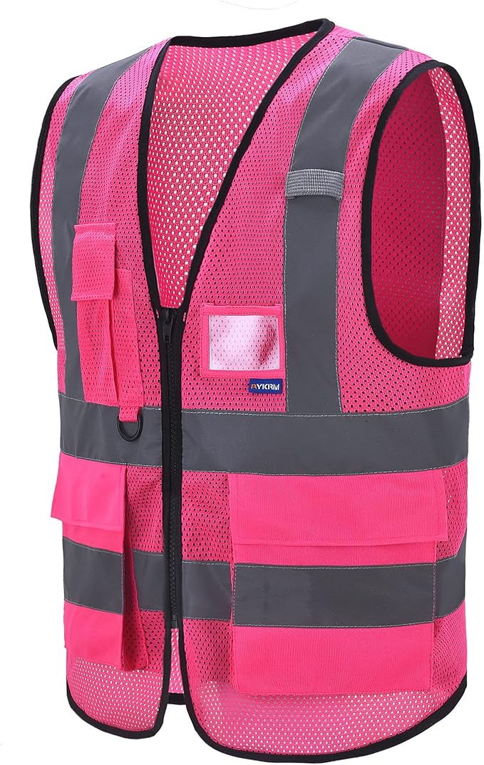 A-SAFETY High Visibility Mesh Safety Reflective Vest with Pockets and Zipper,Hi Viz Work Vest for Men Women (Pink Mesh 4XL-5XL)