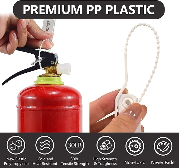200 Plastic Security Seals Secure Anti-Tamper Fire Extinguisher Tags Numbered Zip Ties Inspection Tags Breakable Label Tags Pull Tite Safey Tags for First Aid Kits, Clothes,Bags (White)