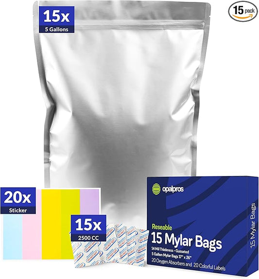 15-Pack 14 Mil Mylar Bags with Oxygen Absorbers, Gusseted 5 Gallon with 2500cc OA - Resealable Mylar Bags for Food Storage with Colourful labels