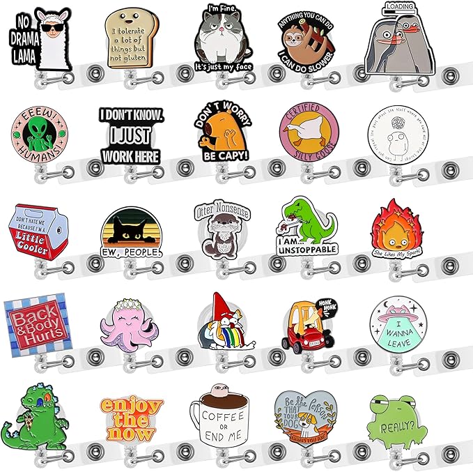 25 Pcs Funny Badge Reel Bulk Pack, Cute Nurse Badge Reel with Retractable Clip Decorative Name ID Work Badge Holder for CNA RN LPN MA Medical Healthcare Student Teacher Nursing Week Gifts