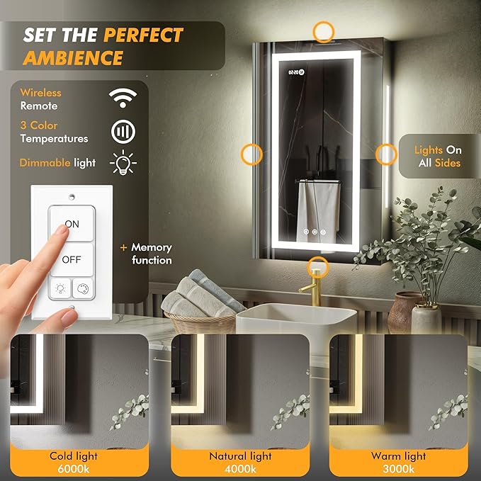 LED Lighted Medicine Cabinet Front & Backlit Dimmable Colours, Clock & Temp, USB Outlets (24 x 32)