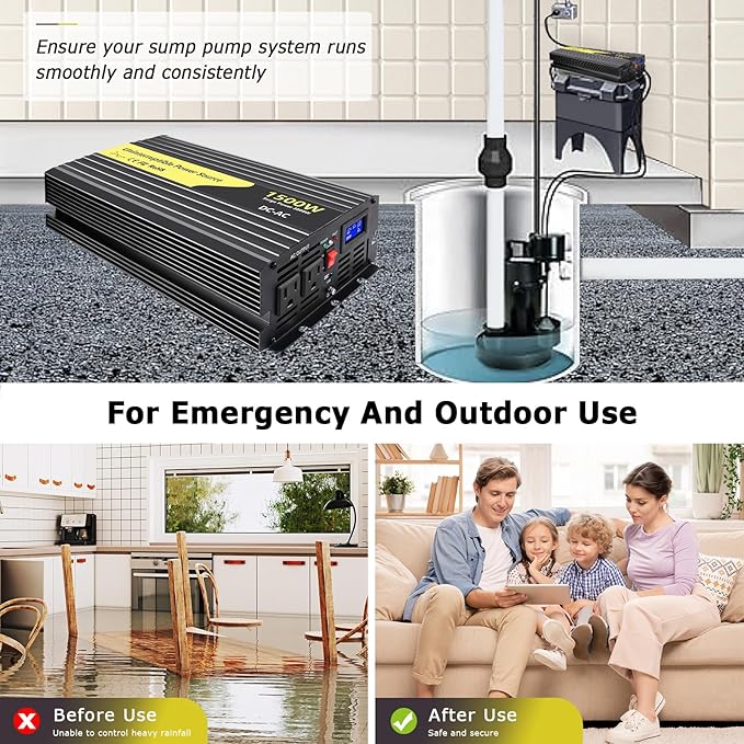 1500W Sump Pump Battery Backup Power System,Basment Protection Sump Pump Inverter with LCD Display and Automatic Battery Backup Switching for Basement Emergency and Power Outage Backup, (Black)