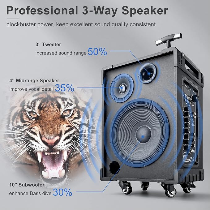 GTSK10-3 Portable Bluetooth PA Speaker & Karaoke Machine for Home, Adults, Kids & Family - 3-Way Wireless with 10" Subwoofer, Dual Mics, TWS for Parties & Outdoors