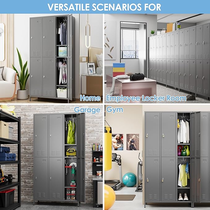 Metal Lockers for Employees with 6 Doors and 18 Hooks, 72”H Storage Locker with Card Slot for Office Gym School Bedroom, Assembly Required, Dark Gray