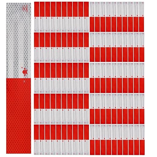 Reflective Tape, 2" × 12" Red & Silver High Intensity Self Adhesive Waterproof Trailer Outdoor Safety Caution Reflector for Cars, Trucks, Trailers, Boats, Road Signs (100)