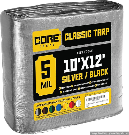 Core Tarps Classic 5 Mil Tarp Cover, Waterproof, UV Resistant, Rip and Tear Proof, Poly Tarpaulin with Reinforced Edges for Roof, Camping, Patio, Pool Cover, Boat (Silver/Black 10′ X 12′)