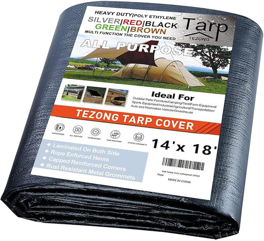 Tarps Heavy Duty Waterproof 14x18ft,TEZONG Black Tarp 12Mil Plastic Tarpaulin Outdoor Tarp Cover for Emergency Rain,Patio Furniture,Wood,Roof,Camping,Car,Pool