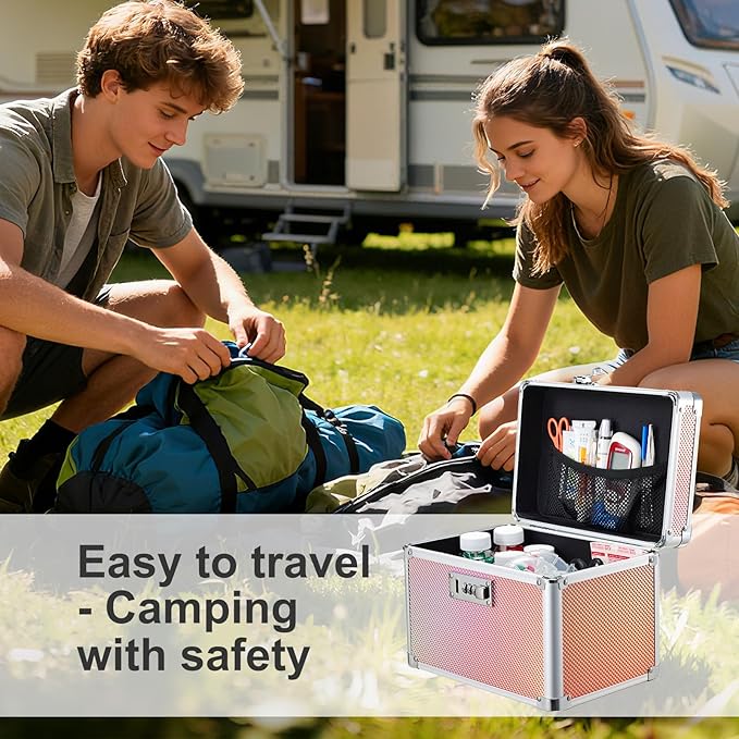Adazzo Lockable Storage Box, Cabinet Safe Case Organizer with Combination Lock for Medications and Small Valuables, 10 x 7 x 9 Inches, Shiny Gold