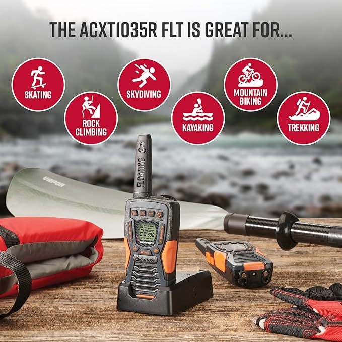 Cobra ACXT1035R FLT Floating and Waterproof Walkie Talkies for Adults & Compatible Cobra Surveillance Headset: Rechargeable, 22 Channels, Long-Range, 2 Two-Way Radios, 2 Headsets, Black/Orange
