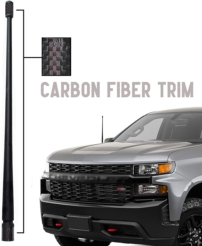 Votex - The Spartan - 13 3/4 Inch Short Flexible Rubber Antenna fits Chevrolet Silverado 1500, 2500, 3500 | GMC Sierra 1500,2500,3500 Accessories - Black Carbon Fiber Trim - Tuned Internal Copper Coil