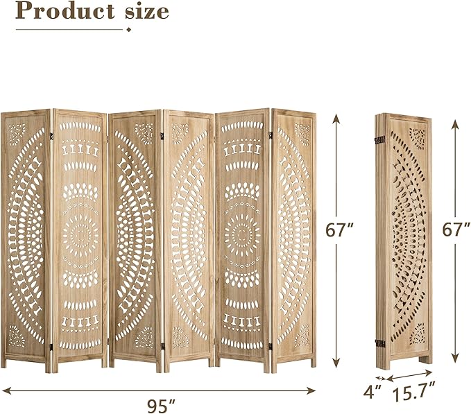 WelFurGeer Handcrafted Carved Wooden Room Divider Screen, Folding Privacy Screen for Room Separation, Decorative Room Dividers, 360° Adjustable Folding Panels for Privacy, Home, Office & Patio