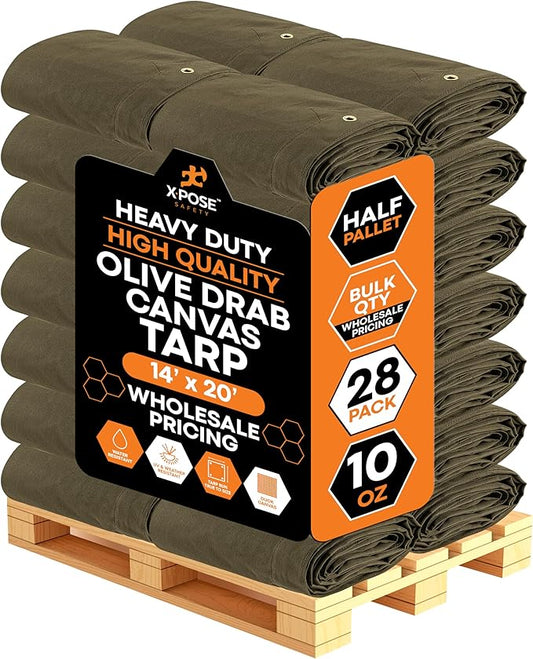 Xpose Safety 10oz Olive Drab Canvas Tarps 14' x 20' – Bulk Half Pallet (28 Packs) – Multipurpose Heavy Duty Water-Resistant Tarpaulin with Brass Grommets for Camping, Canopy & Equipment Protection