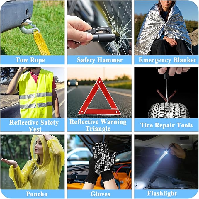 AUTODECO Car Emergency Roadside kit with Scissor Jack Air Compressor Jumper Cables Car Safety Kit Air Wedge Bag Pump Safety Kit