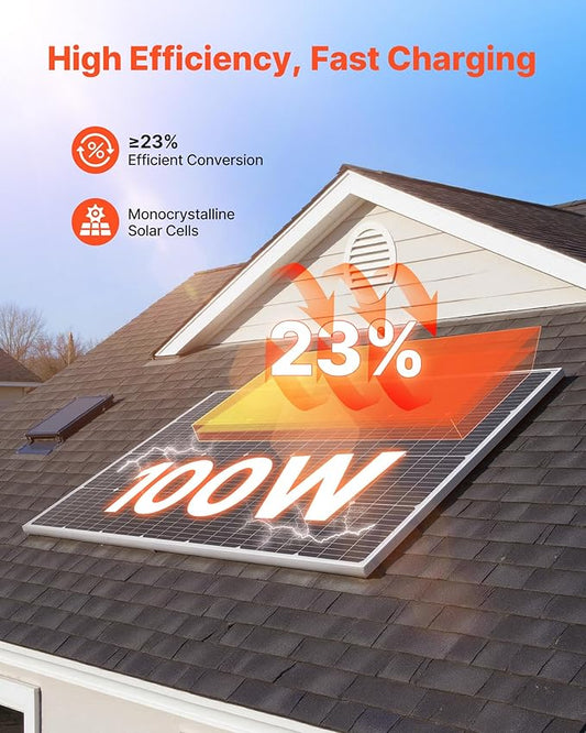 VEVOR 100W Monocrystalline Solar Panel, 23% High-Efficiency Mono PV Module with Stable MC4 Output & Aluminum Frame, IP65 Waterproof Solar Panel for Car Boat RV Flat Rooftop Off-Grid Applications