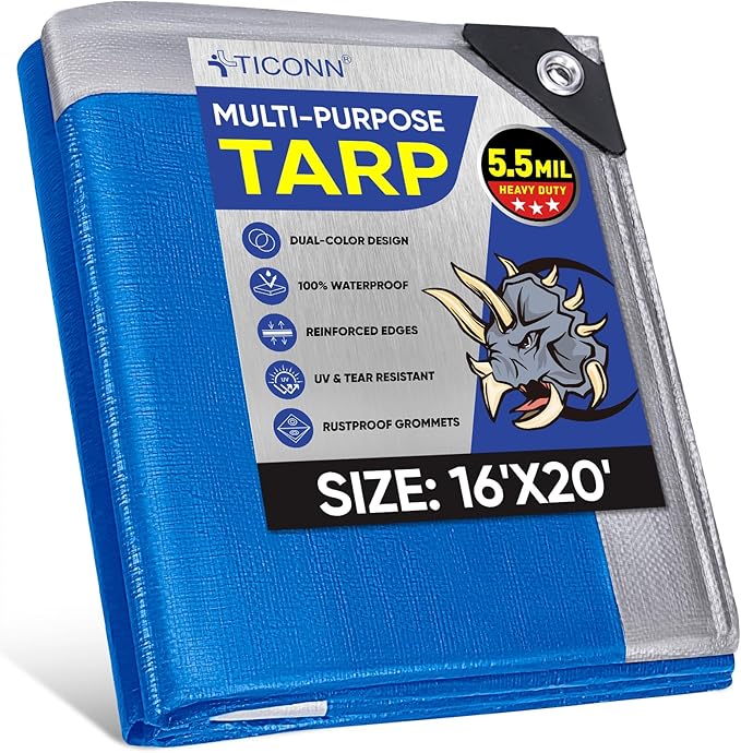 TICONN Heavy Duty Tarp Cover, Extra Thick Tarps Waterproof Tear and Rip Proof UV Resistant Tarpaulin with Reinforced Grommets and Edges (5.5 Mil, 16'x20')