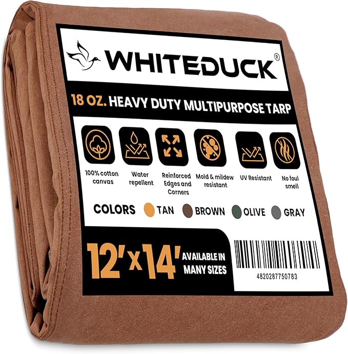 WHITEDUCK 12'x14' Canvas Tarp 18 oz/37 Mil Heavy Duty Waterproof UV Resistant, Rustproof Grommets, Industrial & Commercial Use Cloth Tarp (Finished Size: 11'6"x13'6", Brown)