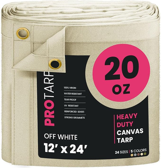 PROTARP Extreme Heavy Duty 20 OZ Water Resistant Canvas Tarp, UV Resistant Tarpaulin Cover with Rustproof Brass Grommets, Multipurpose for Canopy, Roof, Camping, Woodpile (Off White 12'X24')