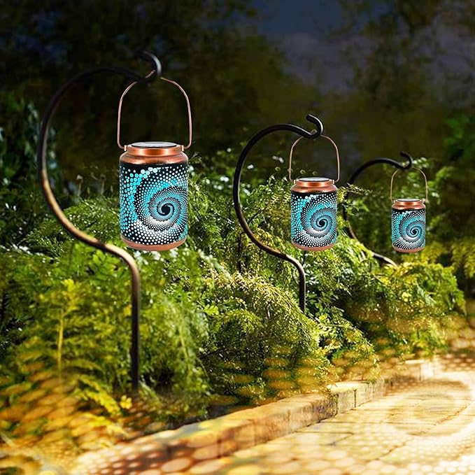 YISITEONE 4-Pack Solar Outdoor Hanging Lanterns, Waterproof Garden Table LED Lights, Metal Decorations for Patio Yard Lawn Front Porch, Gardening Gifts for Women Mom Grandma (2 Bohemian & 2 Dragonfly)